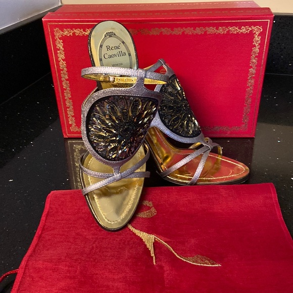 Rene Caovilla Shoes - Rene Caovilla "Rosa" Black Sequin Medallions Gold & Platinum High Heel Sandals